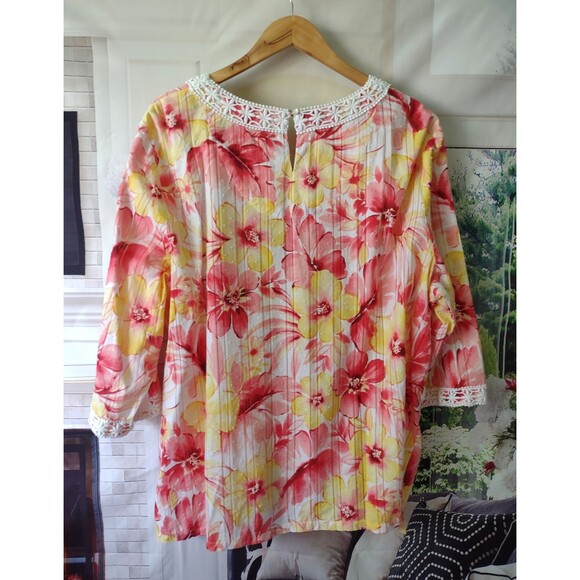 Alfred Dunner 24W 3X Floral Top 100% Cotton Spring Summer Crochet Boho Festival - Picture 5 of 10